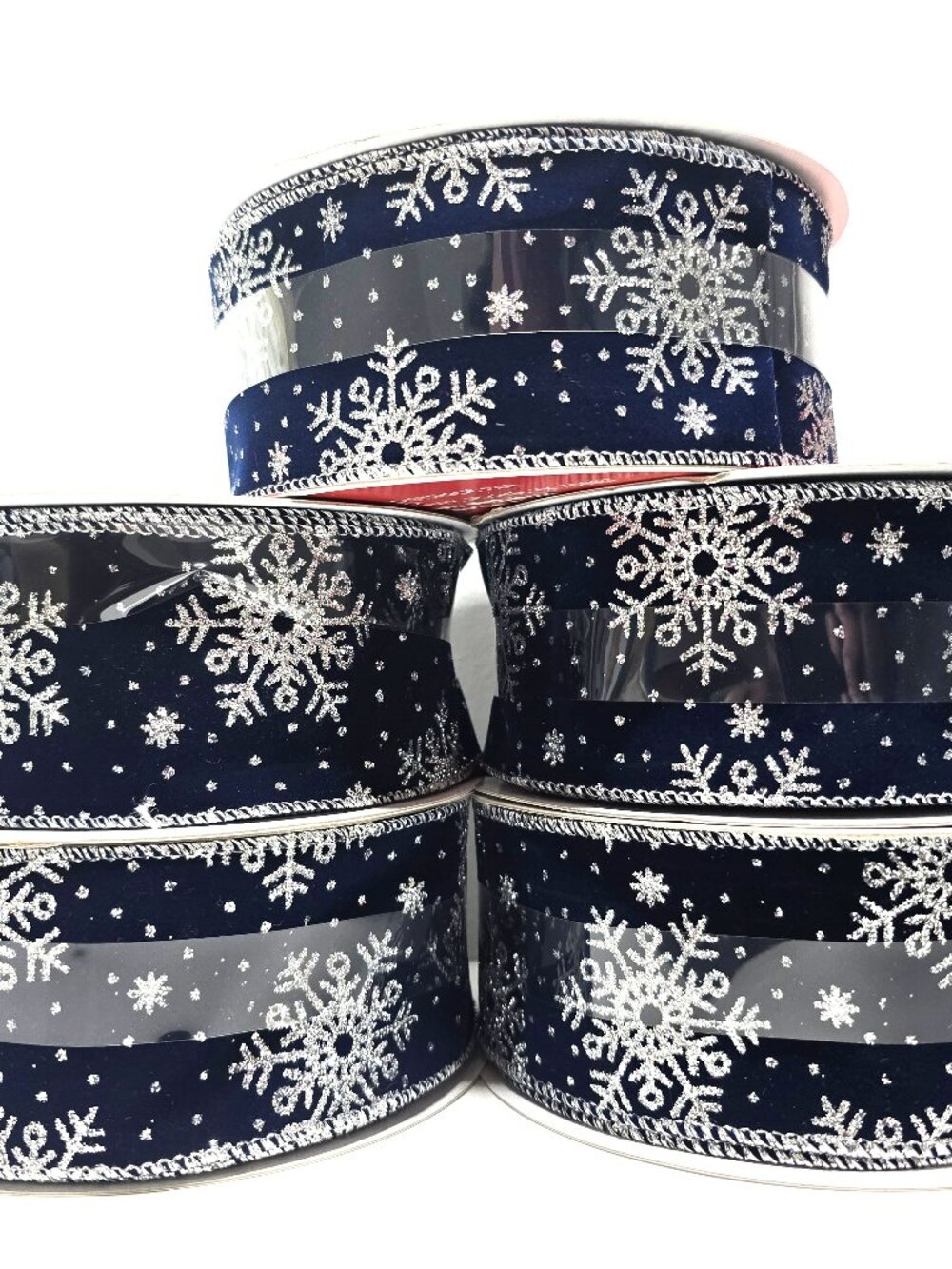 HOLIDAY 5 JUMBO WIRED ROLLS BLUE W/ GLITTER SILVER SNOWFLAKE RIBBON